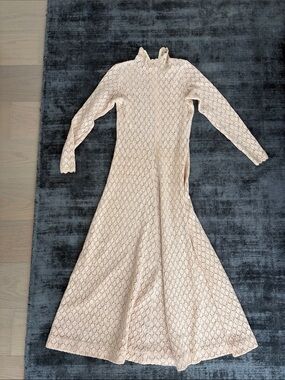 Long Cream Crochet Knit Dress with High Neck